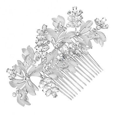 Designer silver crystal leaf hair comb